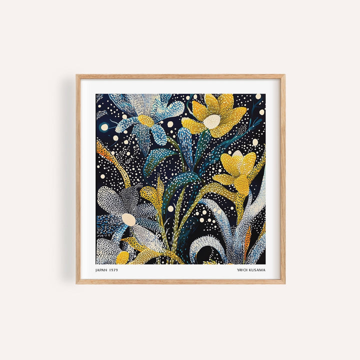 Dark Floral wall art of abstract flowers in blue yellow and white in a wooden frame