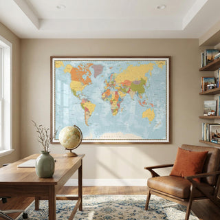 World Map Print hanging in a warmly lit room above a wooden desk with a globe and a branch in a vase