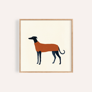 Framed greyhound art print of a minimalist illustration in black and orange