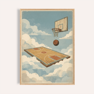 Framed Basketball Court Art Print showing a retro illustration of a basketball court in the clouds with a ball near the hoop