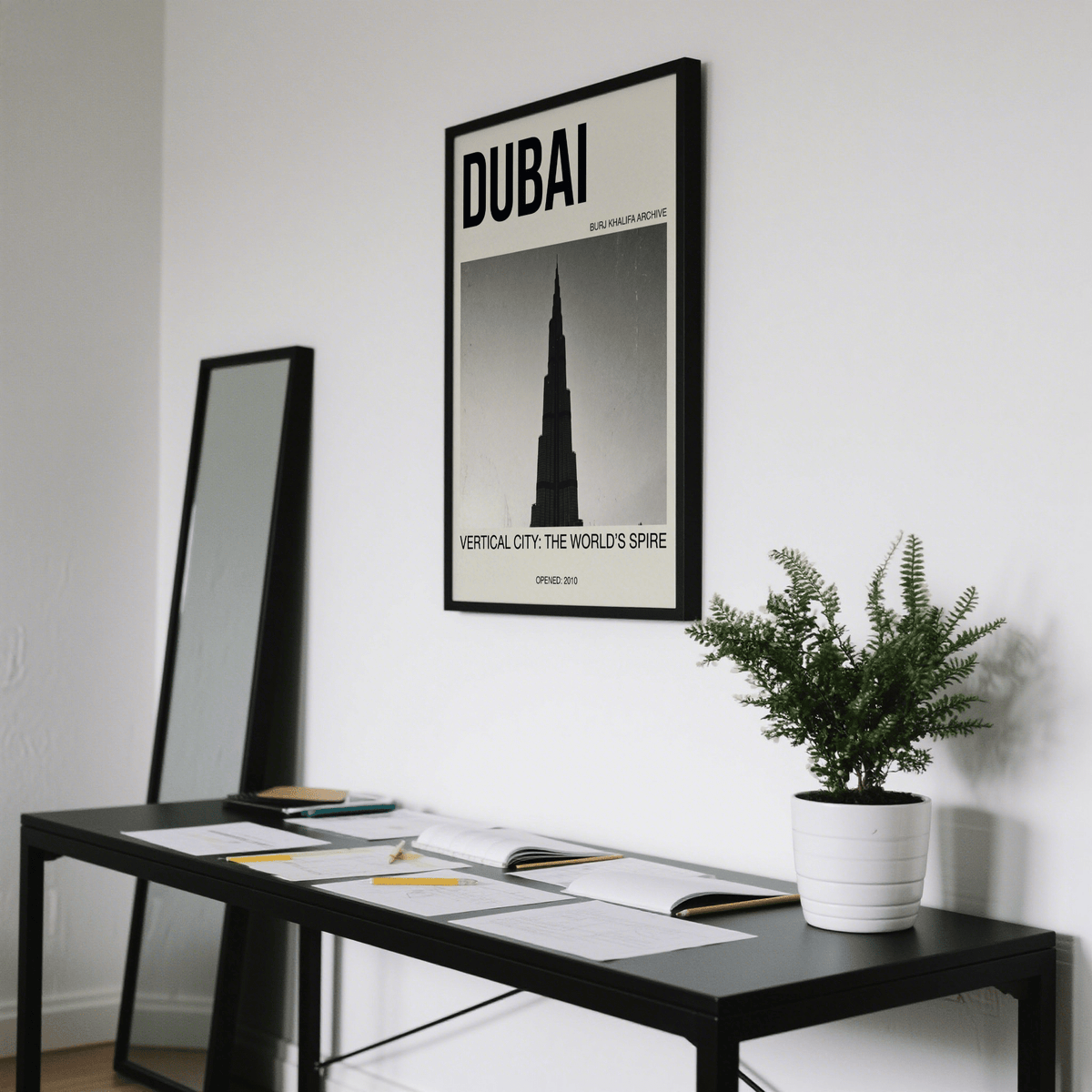 Burj Khalifa art print with black frame above a black table and white plant pot in a white room
