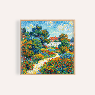 Framed print of a colourful garden path with blue sky and red and orange flowers