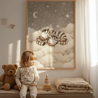 Zebra nursery art framed print of two sleeping baby zebras on clouds in a child's room next to a teddy bear