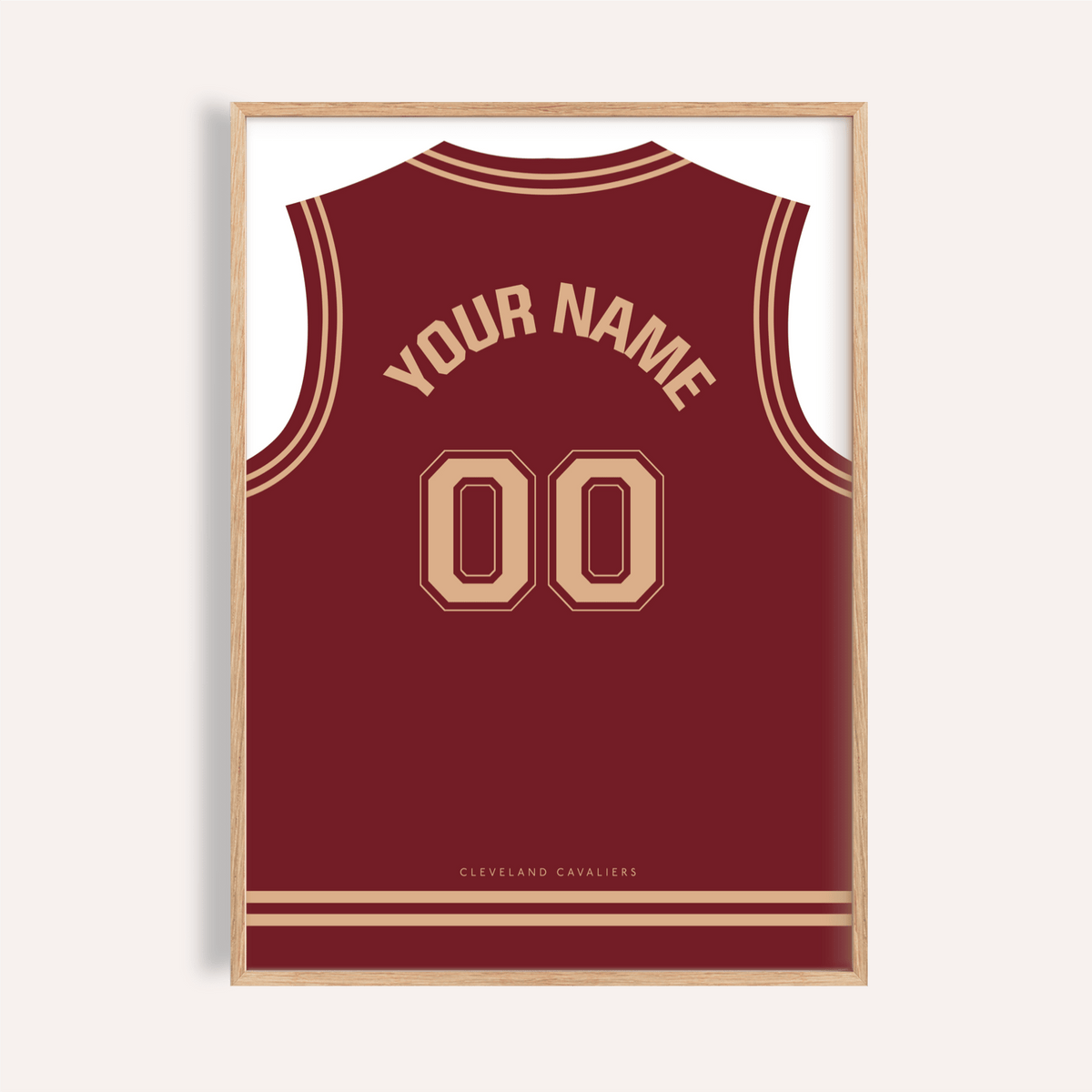 Framed basketball jersey poster in maroon with tan number and text visible close-up