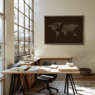 World Map Poster on a beige wall above a wooden desk in an office with large windows