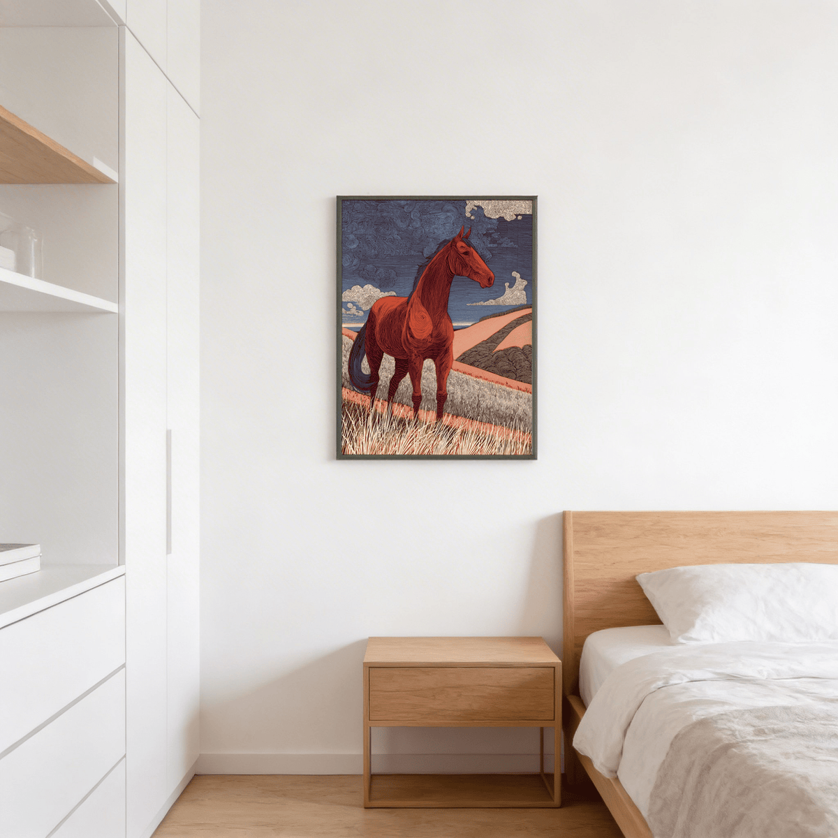 Horse Line Art print on a wall in a bedroom with a wooden bedside table