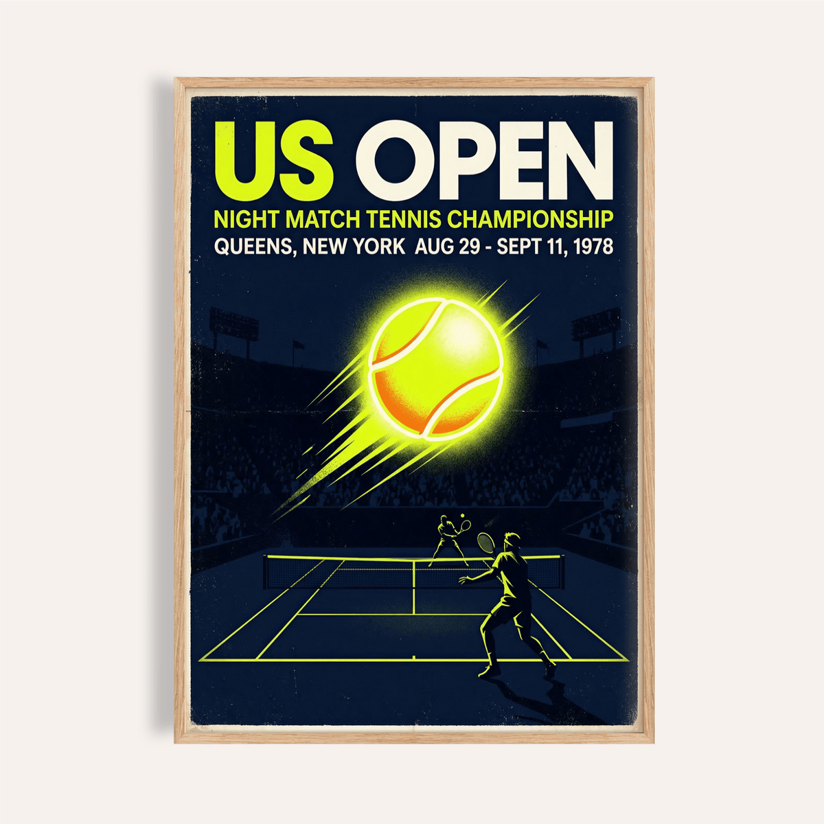 Framed New York Tennis Championship Poster with a retro tennis ball and players in bright yellow and dark blue