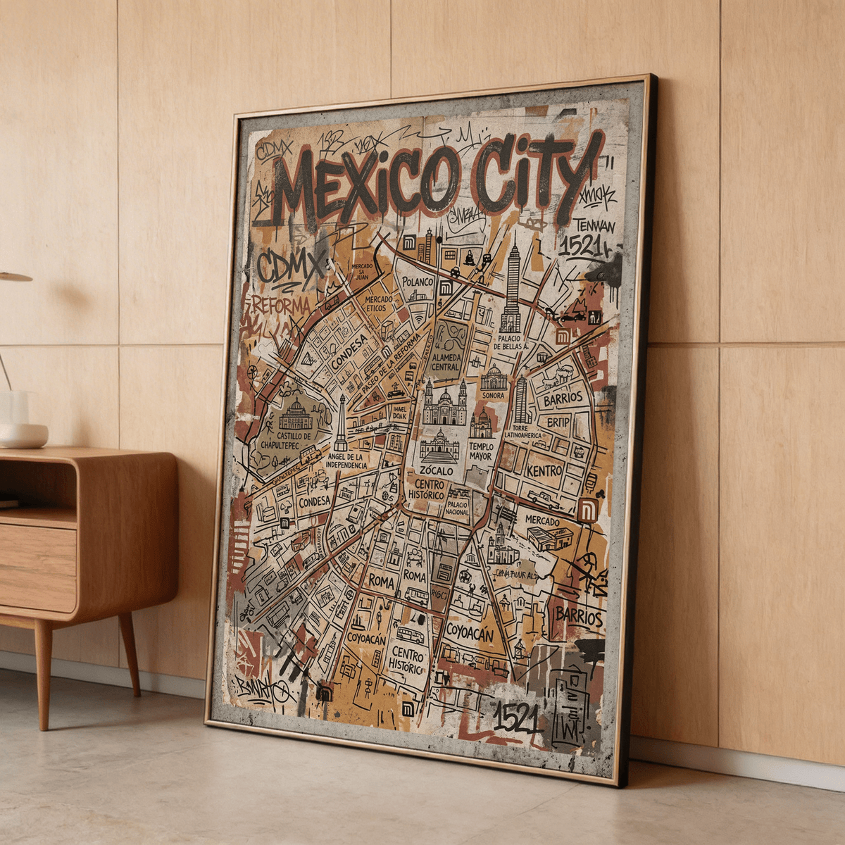Mexico Map Poster leaning against a wood-panel wall with warm tones and a small vase nearby