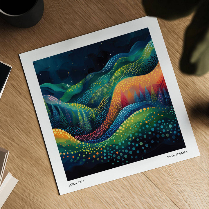 Scenic wall art of abstract colorful hills with dots in green blue and orange on a wooden surface with a black cup nearby