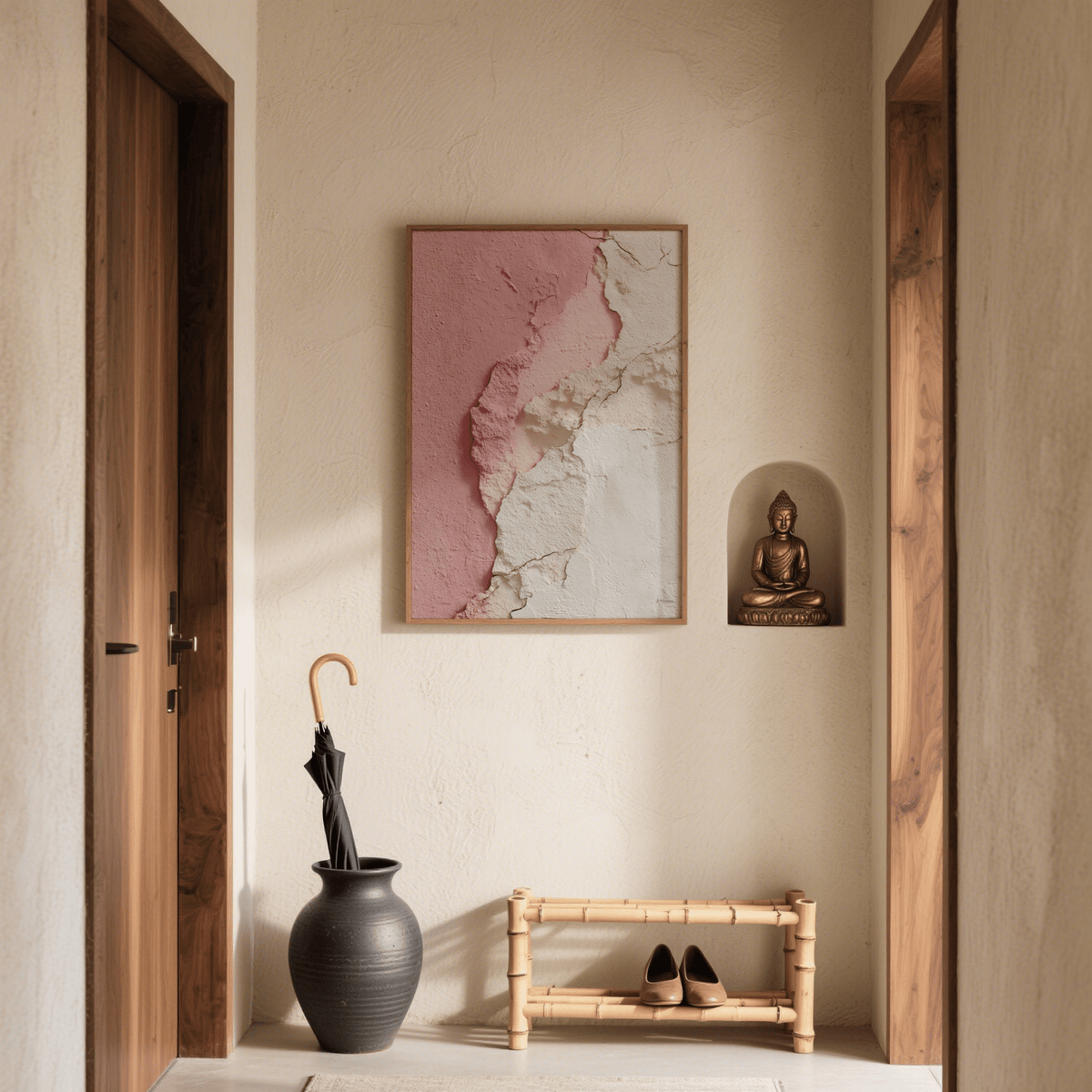 Pink Abstract Print with textured pink and beige effect in a hallway above a bamboo shoe rack