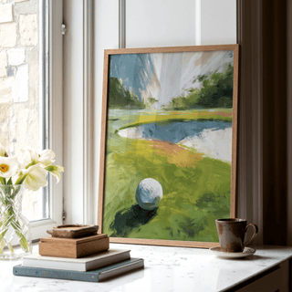 Golf Landscape wall art leaning on a shelf with a cup and books beside it