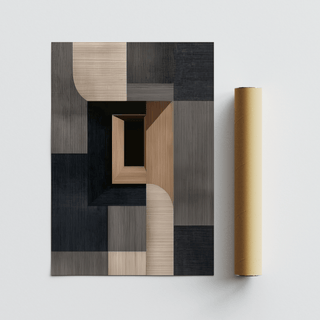 Abstract Wabi Sabi Print with neutral and black geometric shapes alongside a brown packaging tube