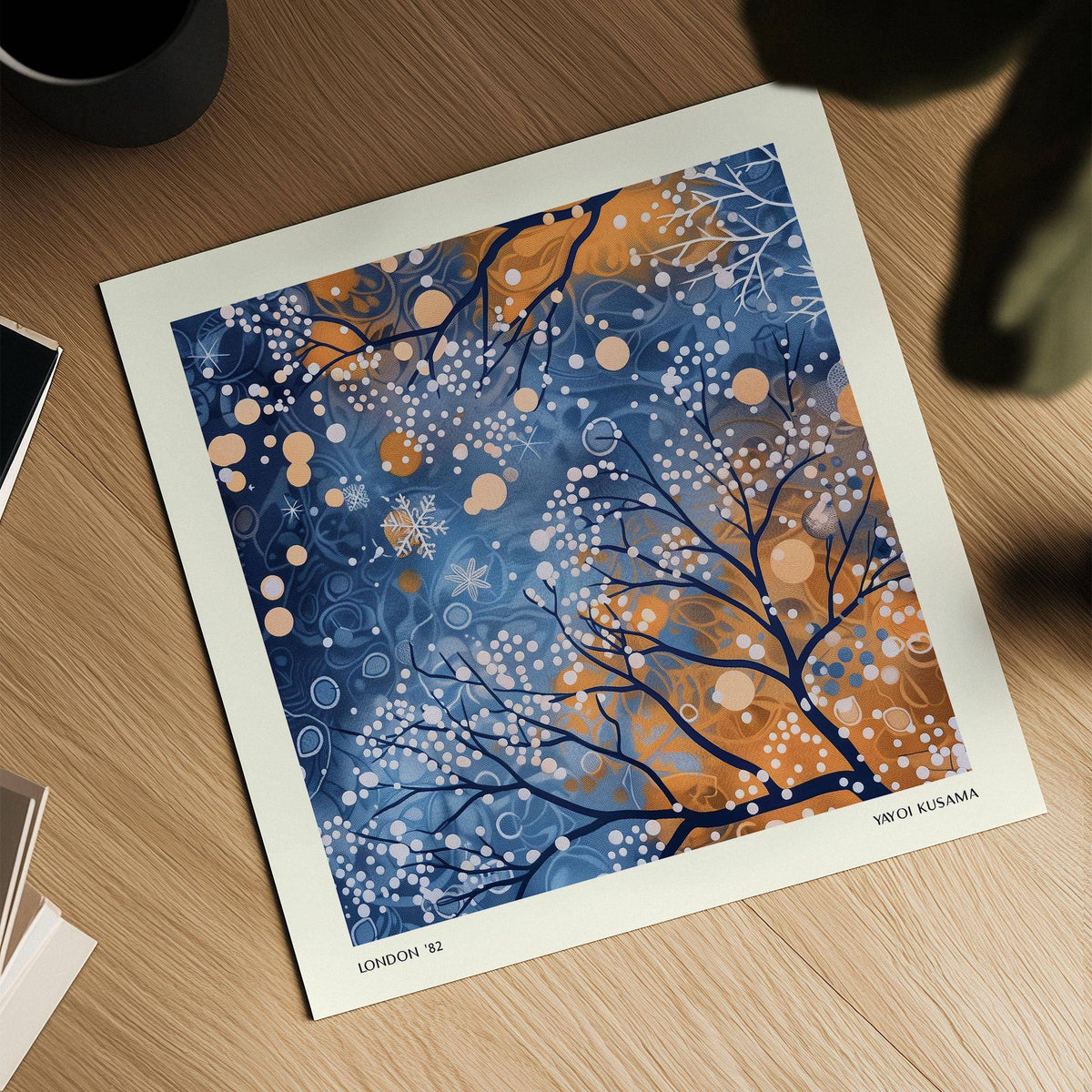 Winter Scene wall art with blue and orange abstract branches and white berries on a wooden surface