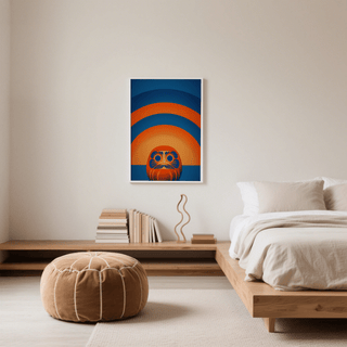 Daruma Doll wall art in minimalist style with orange and blue tones above a row of books on a wooden shelf in a bedroom