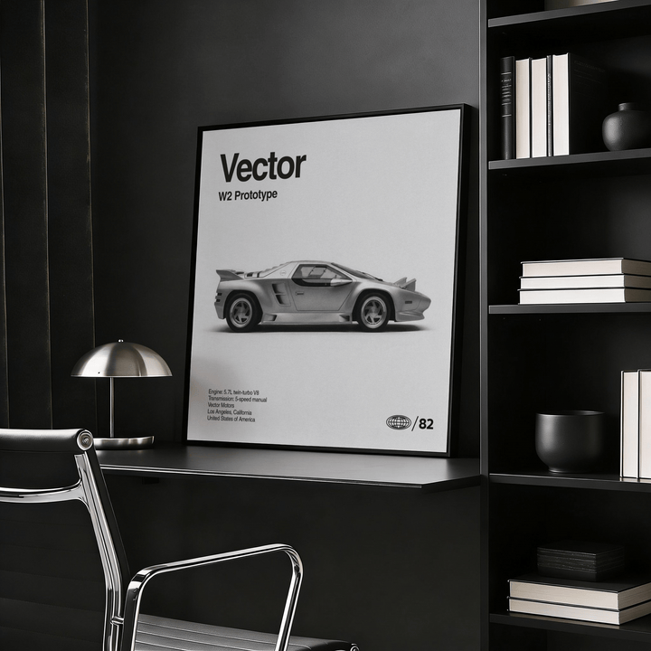 1980s Prototype Supercar Poster print leaning on a black desk with metal lamp and shelves in a black room