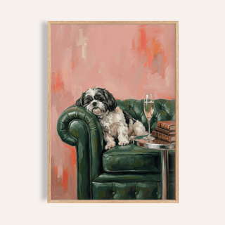 Framed Shih Tzu dog print showing a black and white dog on a green armchair with a pink background