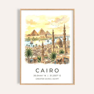 Framed Cairo Landscape wall art featuring pyramids and city skyline in warm golden watercolour