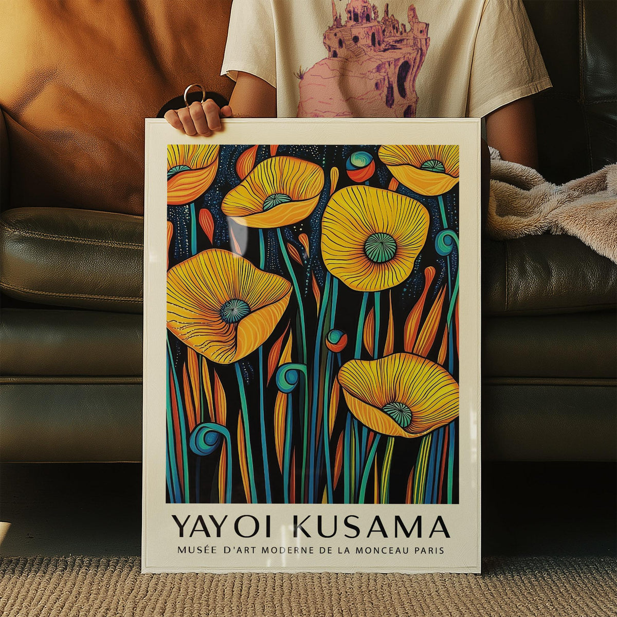 Poppies wall art held in hands showing yellow and orange poppies with blue stems and text below