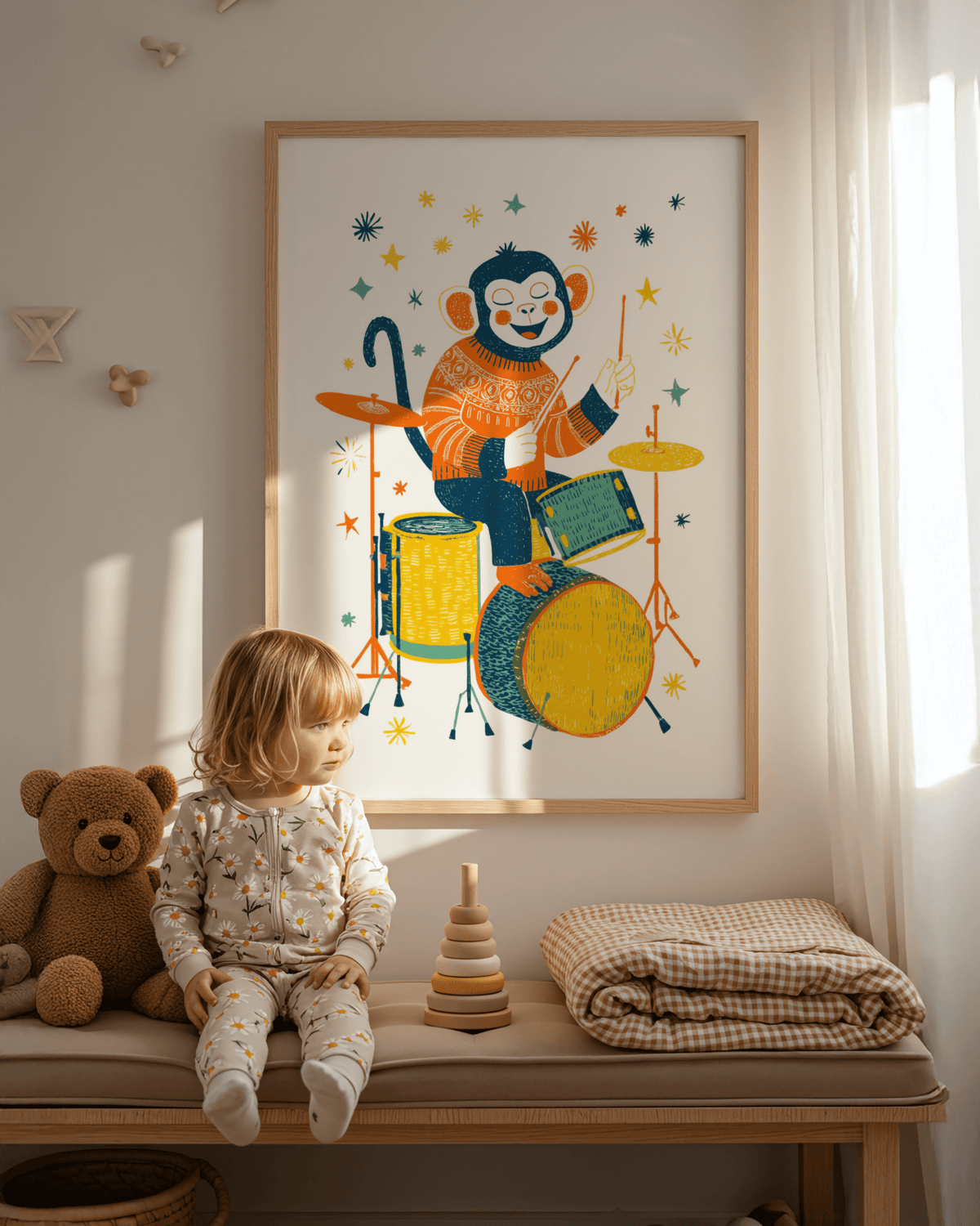 Monkey Drummer art print of a monkey playing drums in orange and yellow above a teddy bear in a child's room