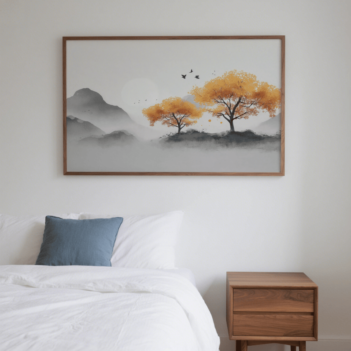 Autumn Tree wall art above a white bed with blue cushion and wooden bedside table