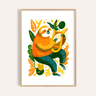 Sloth Art Print framed print close-up of a sloth playing a harp with bright orange and green colours