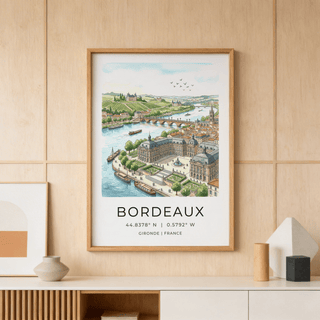 Bordeaux City Art print of watercolour cityscape above a wooden cabinet with vases and decor