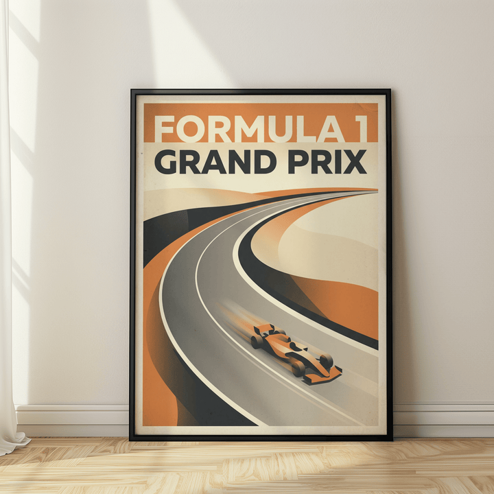 Close-up of Grand Prix Art Print typography with bold sans-serif text and track details