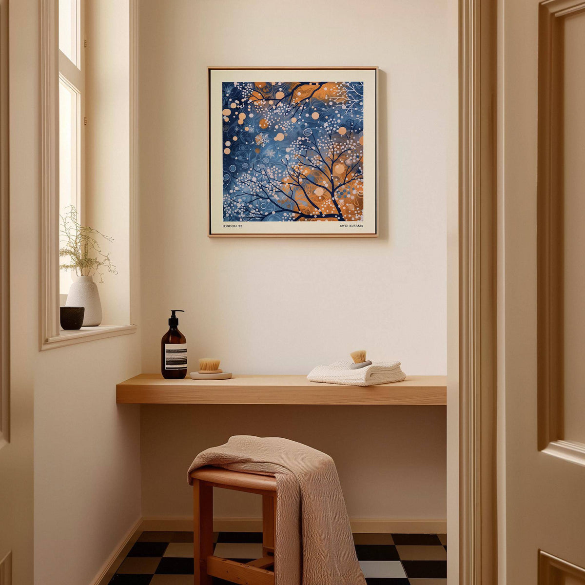 Winter Scene wall art with abstract branches and snow in blue and orange above a wooden shelf in a hallway