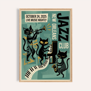 Framed New Orleans Music Poster with mid-century style jazz cats in black playing instruments