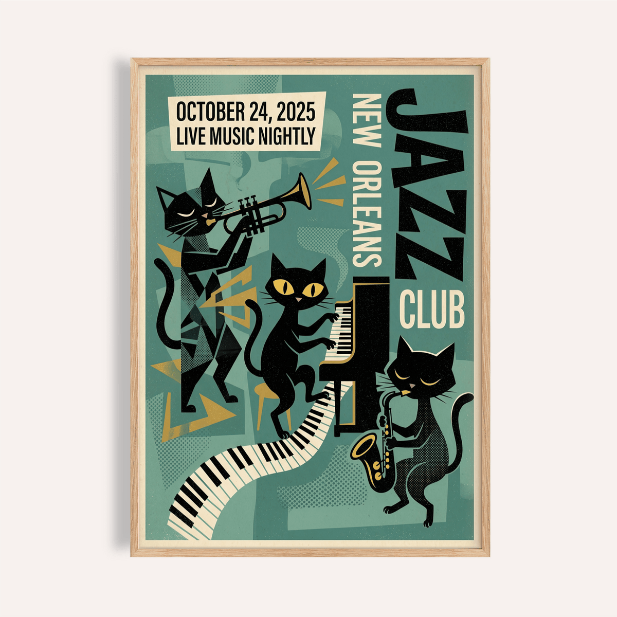Framed New Orleans Music Poster with mid-century style jazz cats in black playing instruments