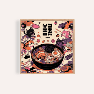 Framed Cat Ramen print with cute cartoon cats and noodles in orange and purple tones