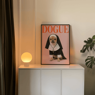 Print of Chihuahua Nun Costume Art on white cabinet with glowing round lamp and green plant