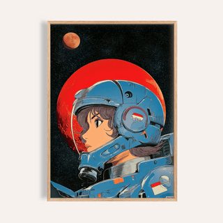 Framed close-up of Space Girl Art female astronaut with blue helmet and red planet background