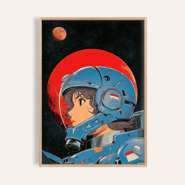 Framed close-up of Space Girl Art female astronaut with blue helmet and red planet background