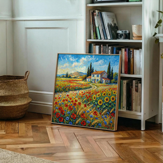Print leaning on floor showing vibrant countryside wall art of a meadow with wildflowers and farmhouse