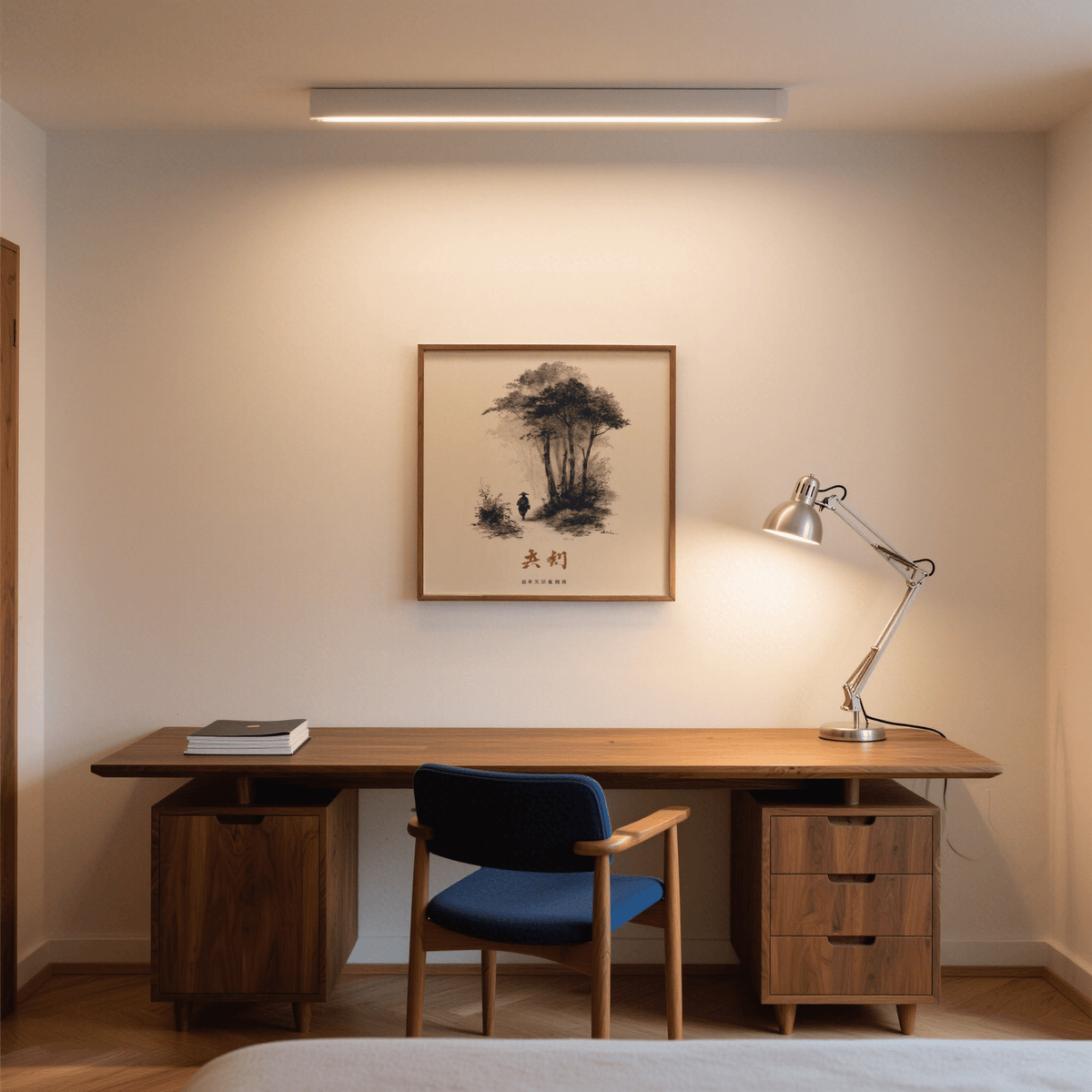 Print on a wall in a room showing Asian Ink Art with a person walking with umbrella in black and white above a desk lamp