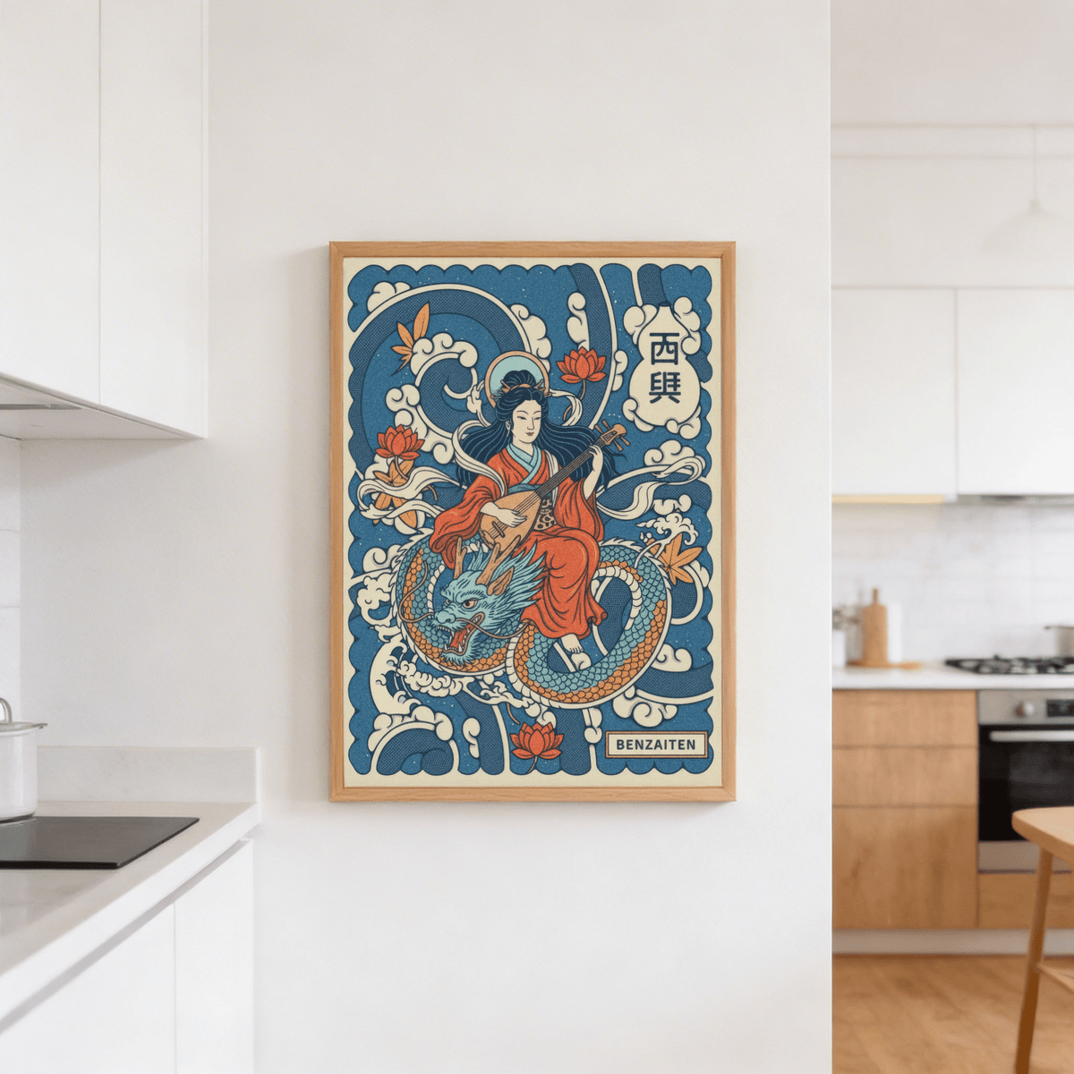 Japanese Goddess wall art with a blue dragon and red robes in a white kitchen