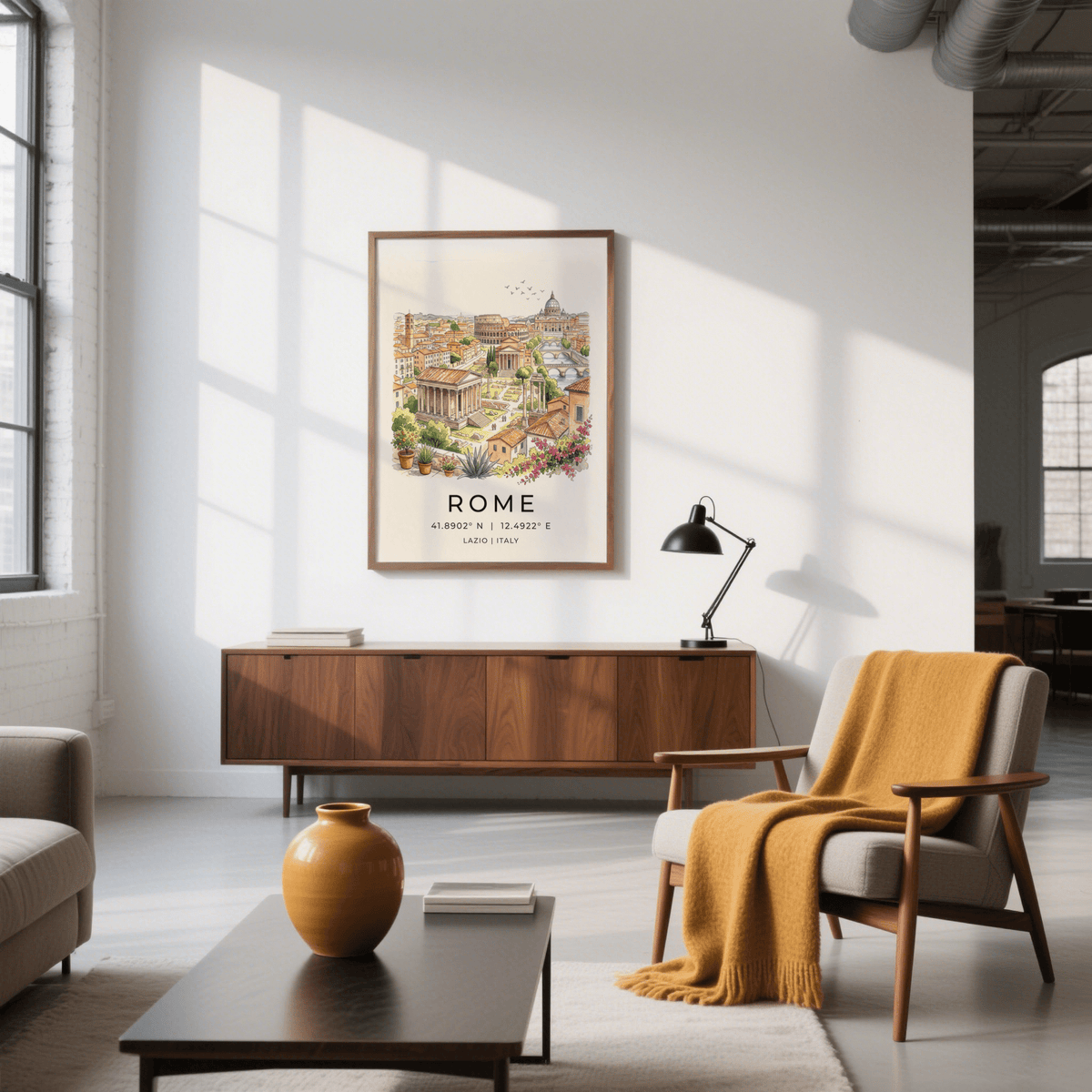 Rome Skyline wall art in watercolour illustration style in a modern living room with a wooden sideboard