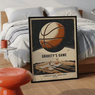 Surreal Basketball Art Print leaning on a wooden floor with a red stool nearby in a bedroom