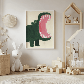 Crocodile wall art of a roaring hippopotamus in green and pink above wooden toys in a child’s room