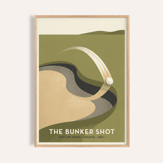 Framed Golf Bunker Art Print showing a golf ball in a bunker with minimalist mid-century style colours