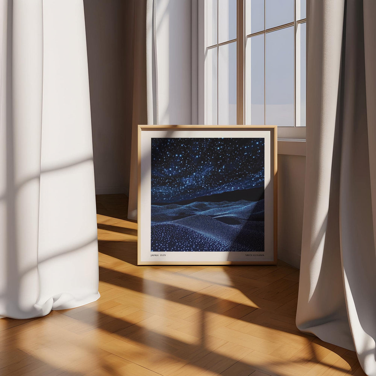 Print leaning on floor of navy blue artwork starry night sky with shadows from window nearby