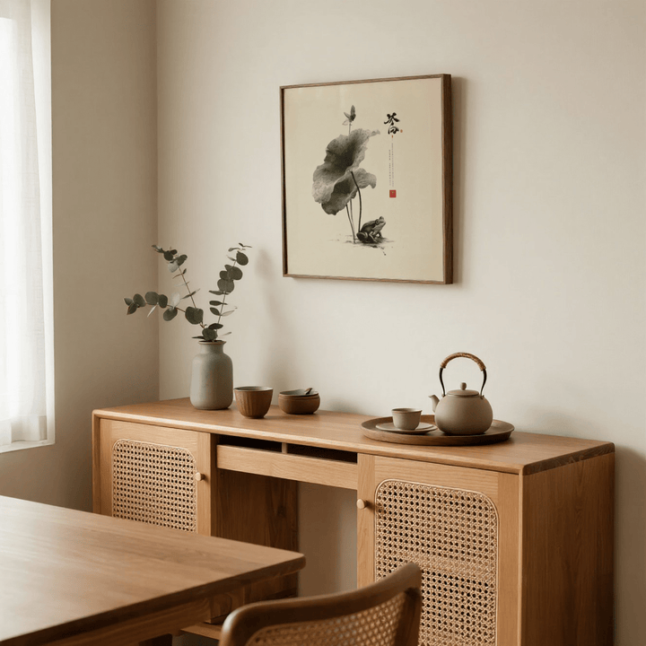 Print on a wall of Japanese Frog Art in black and white above a wooden sideboard with ceramics in a dining room