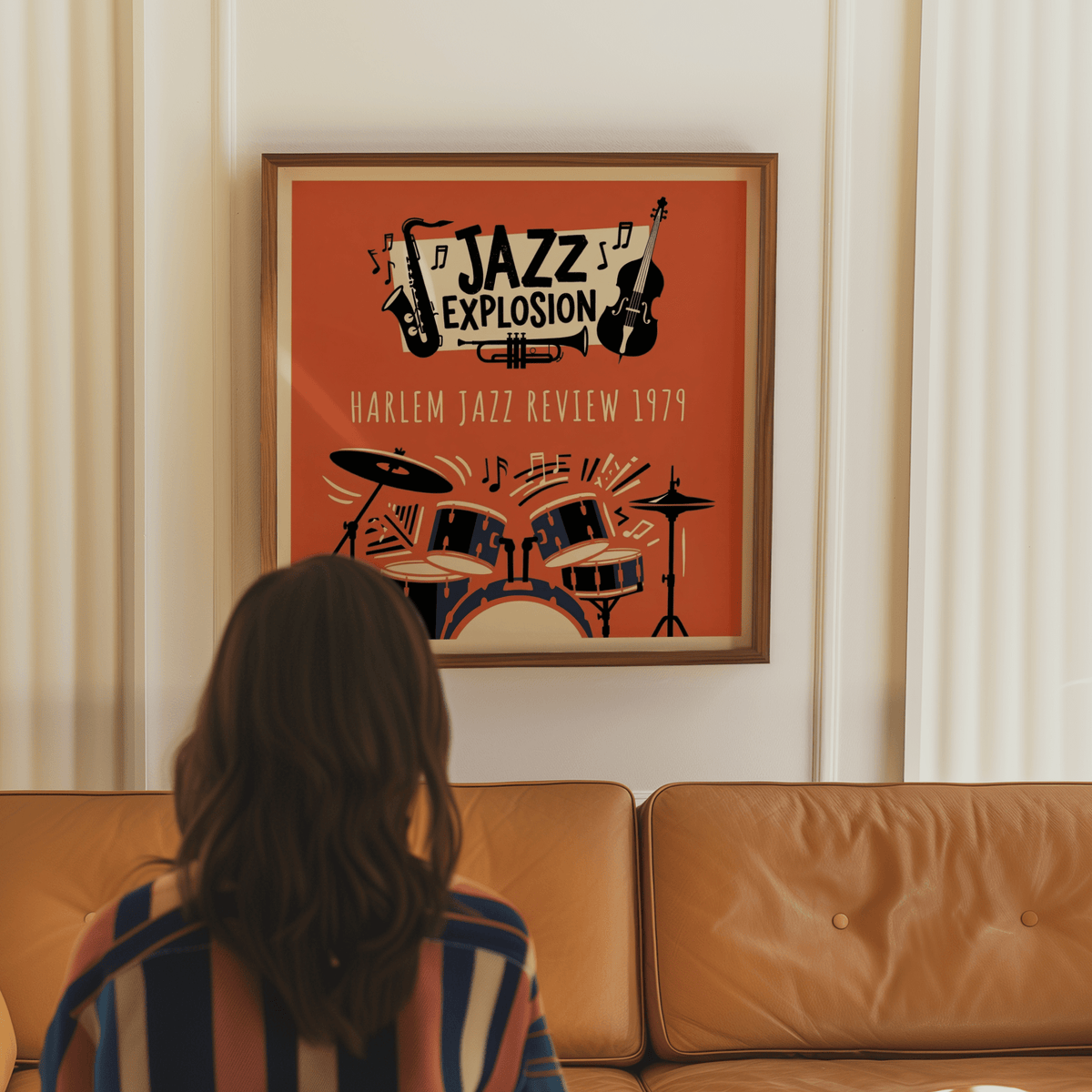 Print on a wall of Harlem Jazz Art with retro jazz instruments and typography above a brown leather sofa