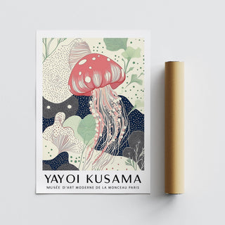 Unique Large Wall Art laid flat next to a brown packaging tube featuring pink jellyfish illustration with green and black accents