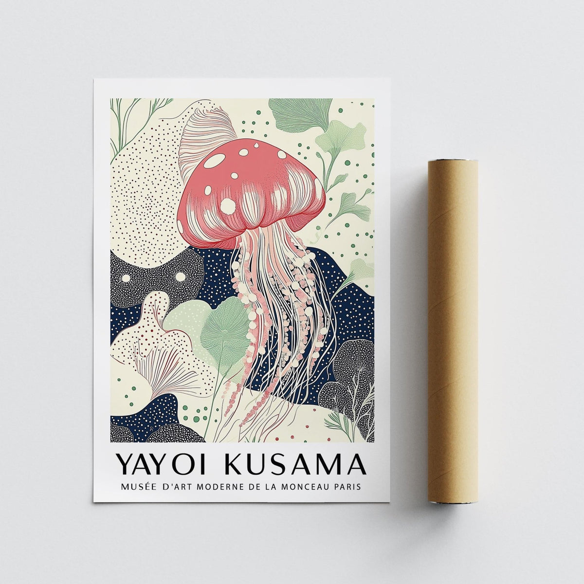 Unique Large Wall Art laid flat next to a brown packaging tube featuring pink jellyfish illustration with green and black accents