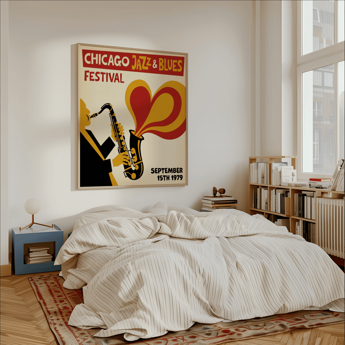 Chicago Blues Poster framed print of a saxophone player in red yellow and black above a bed in a bedroom