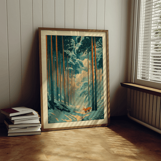 Print leaning on a floor showing Japanese fox woodblock print with orange and teal tones near stacked books