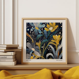 Framed Dark Floral Wall Art with blue yellow and white abstract flowers on a shelf with books