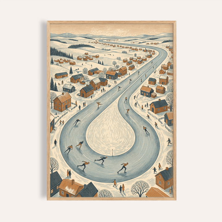 Winter Village Scene framed print of an ice skating village with blue river and orange houses